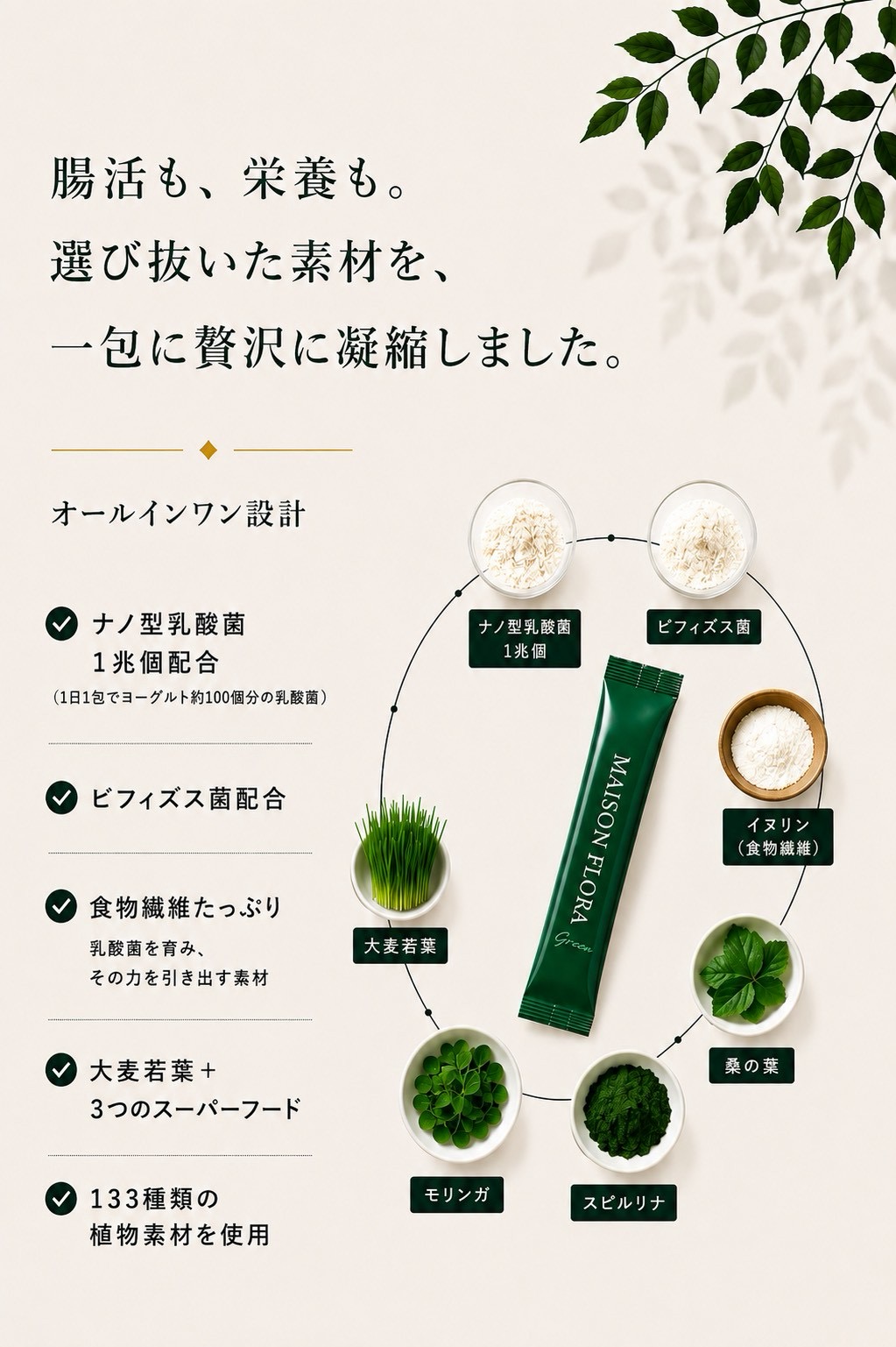 腸活も、栄養も。選び抜いた素材を一包に凝縮したオールインワン設計
